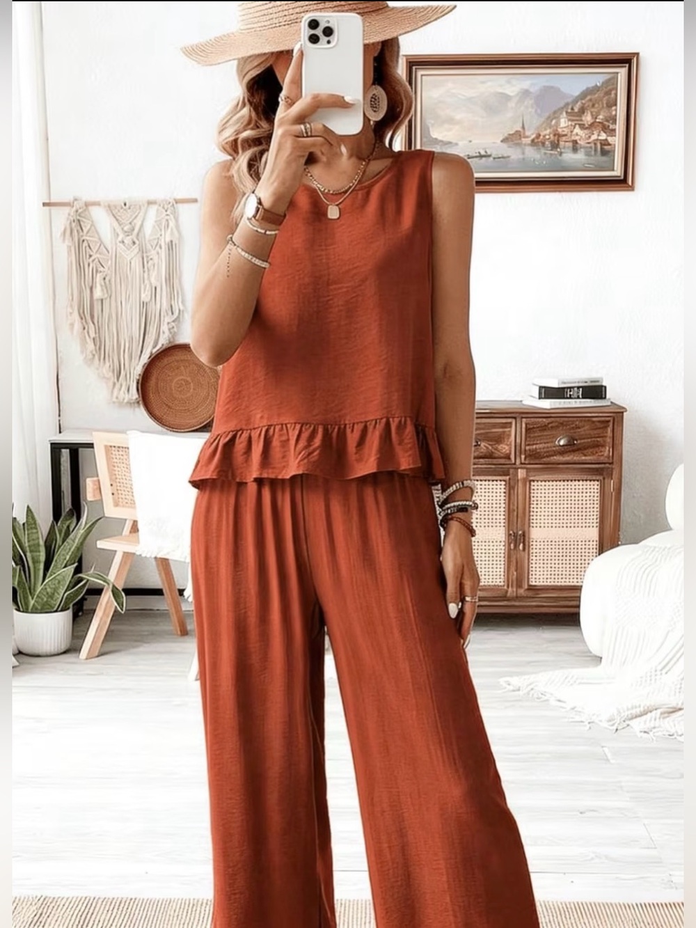 Terracotta 2-Piece Matching Set | Medium | Sleeveless Ruffle Top & Wide Leg NWT